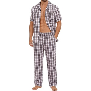 image:imageSWOMOG Mens 100 Cotton Pajama Set 2Pcs Button Down Pjs Set Short Sleeve Sleepwear with Long Pants Soft Stripe NightwearWhite Brown Plaid