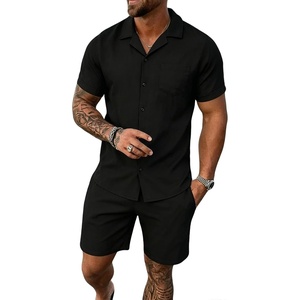 image:imageSWOMOG Mens Summer Short Sets Hawaiian 2 Piece Beach Shirts Modal Button Down with Pockets amp Drawstring M3XLBlack