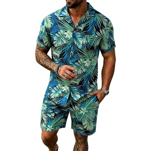 image:imageSWOMOG Mens Summer Short Sets Hawaiian 2 Piece Beach Shirts Modal Button Down with Pockets amp Drawstring M3XLGreen Leaf  Blue