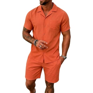 image:imageSWOMOG Mens Summer Short Sets Hawaiian 2 Piece Beach Shirts Modal Button Down with Pockets amp Drawstring M3XLOrange
