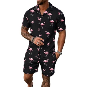 image:imageSWOMOG Mens Summer Short Sets Hawaiian 2 Piece Beach Shirts Modal Button Down with Pockets amp Drawstring M3XLPink Flamingos