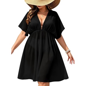 image:imageSWOMOG Women Plus Size Cover Up Short Sleeve Swimsuit Cover Bikini Bathing Suit Beachwear Summer Dress with Tie BackBlack