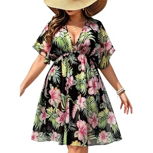 image:imageSWOMOG Women Plus Size Cover Up Short Sleeve Swimsuit Cover Bikini Bathing Suit Beachwear Summer Dress with Tie BackBlack Green Flower