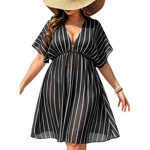 image:imageSWOMOG Women Plus Size Cover Up Short Sleeve Swimsuit Cover Bikini Bathing Suit Beachwear Summer Dress with Tie BackBlack Stripe