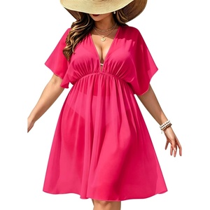 image:imageSWOMOG Women Plus Size Cover Up Short Sleeve Swimsuit Cover Bikini Bathing Suit Beachwear Summer Dress with Tie BackRose Red