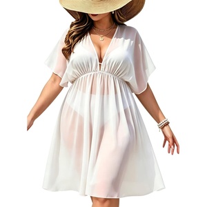image:imageSWOMOG Women Plus Size Cover Up Short Sleeve Swimsuit Cover Bikini Bathing Suit Beachwear Summer Dress with Tie BackWhite