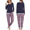 image:imageSWOMOG Couples Pajamas Set Women amp Men Long Sleeve Sleepwear Pjs Top Plaid Pants Loungewear Set with PocketsNavy Blue  Red Plaid