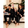 image:imageSWOMOG Couples Satin Pajamas Set Womens amp Mens Matching Silk Long Sleeve Sleepwear 2 Piece Button Down Pjs Set Lounge SetBlack