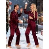 image:imageSWOMOG Couples Satin Pajamas Set Womens amp Mens Matching Silk Long Sleeve Sleepwear 2 Piece Button Down Pjs Set Lounge SetWine Red