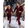 image:imageSWOMOG Couples Satin Pajamas Set Womens amp Mens Matching Silk Long Sleeve Sleepwear 2 Piece Button Down Pjs Set Lounge SetWine Red