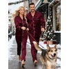 image:imageSWOMOG Couples Satin Pajamas Set Womens amp Mens Matching Silk Long Sleeve Sleepwear 2 Piece Button Down Pjs Set Lounge SetWine Red