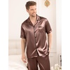 image:imageSWOMOG Mens Satin Pajama Set Short Sleeve Classic Sleepwear Button Down Silky Loungewear with Long PantsBrown