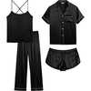 image:imageSWOMOG Womens 4pcs Pajamas Sets Silk Satin Pjs Sexy Cami Shorts Set Button Down Long Short Sleeve Sleepwear LoungewearBlack