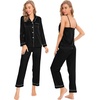 image:imageSWOMOG Womens 4pcs Pajamas Sets Silk Satin Pjs Sexy Cami Shorts Set Button Down Long Short Sleeve Sleepwear LoungewearBlack