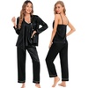 image:imageSWOMOG Womens 4pcs Pajamas Sets Silk Satin Pjs Sexy Cami Shorts Set Button Down Long Short Sleeve Sleepwear LoungewearBlack