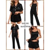 image:imageSWOMOG Womens 4pcs Pajamas Sets Silk Satin Pjs Sexy Cami Shorts Set Button Down Long Short Sleeve Sleepwear LoungewearBlack