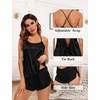 image:imageSWOMOG Womens 4pcs Pajamas Sets Silk Satin Pjs Sexy Cami Shorts Set Button Down Long Short Sleeve Sleepwear LoungewearBlack