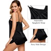 image:imageSWOMOG Womens 4pcs Pajamas Sets Silk Satin Pjs Sexy Cami Shorts Set Button Down Long Short Sleeve Sleepwear LoungewearBlack