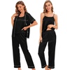 image:imageSWOMOG Womens 4pcs Pajamas Sets Silk Satin Pjs Sexy Cami Shorts Set Button Down Long Short Sleeve Sleepwear LoungewearBlack