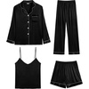image:imageSWOMOG Womens 4pcs Pajamas Sets Silk Satin Pjs Sexy Cami Shorts Set Button Down Long Short Sleeve Sleepwear LoungewearBlack