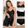 image:imageSWOMOG Womens 4pcs Pajamas Sets Silk Satin Pjs Sexy Cami Shorts Set Button Down Long Short Sleeve Sleepwear LoungewearBlack