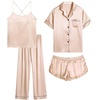 image:imageSWOMOG Womens 4pcs Pajamas Sets Silk Satin Pjs Sexy Cami Shorts Set Button Down Long Short Sleeve Sleepwear LoungewearChampagne