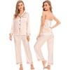 image:imageSWOMOG Womens 4pcs Pajamas Sets Silk Satin Pjs Sexy Cami Shorts Set Button Down Long Short Sleeve Sleepwear LoungewearChampagne