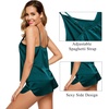 image:imageSWOMOG Womens 4pcs Pajamas Sets Silk Satin Pjs Sexy Cami Shorts Set Button Down Long Short Sleeve Sleepwear LoungewearDark Green