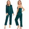 image:imageSWOMOG Womens 4pcs Pajamas Sets Silk Satin Pjs Sexy Cami Shorts Set Button Down Long Short Sleeve Sleepwear LoungewearDark Green