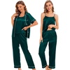 image:imageSWOMOG Womens 4pcs Pajamas Sets Silk Satin Pjs Sexy Cami Shorts Set Button Down Long Short Sleeve Sleepwear LoungewearDeep Green
