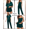 image:imageSWOMOG Womens 4pcs Pajamas Sets Silk Satin Pjs Sexy Cami Shorts Set Button Down Long Short Sleeve Sleepwear LoungewearDeep Green