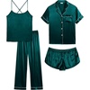 image:imageSWOMOG Womens 4pcs Pajamas Sets Silk Satin Pjs Sexy Cami Shorts Set Button Down Long Short Sleeve Sleepwear LoungewearDeep Green