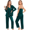 image:imageSWOMOG Womens 4pcs Pajamas Sets Silk Satin Pjs Sexy Cami Shorts Set Button Down Long Short Sleeve Sleepwear LoungewearDeep Green