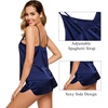 image:imageSWOMOG Womens 4pcs Pajamas Sets Silk Satin Pjs Sexy Cami Shorts Set Button Down Long Short Sleeve Sleepwear LoungewearDeep Navy Blue