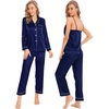 image:imageSWOMOG Womens 4pcs Pajamas Sets Silk Satin Pjs Sexy Cami Shorts Set Button Down Long Short Sleeve Sleepwear LoungewearDeep Navy Blue