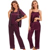 image:imageSWOMOG Womens 4pcs Pajamas Sets Silk Satin Pjs Sexy Cami Shorts Set Button Down Long Short Sleeve Sleepwear LoungewearDeep Wine Red