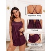 image:imageSWOMOG Womens 4pcs Pajamas Sets Silk Satin Pjs Sexy Cami Shorts Set Button Down Long Short Sleeve Sleepwear LoungewearDeep Wine Red