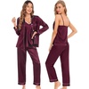 image:imageSWOMOG Womens 4pcs Pajamas Sets Silk Satin Pjs Sexy Cami Shorts Set Button Down Long Short Sleeve Sleepwear LoungewearDeep Wine Red
