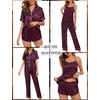 image:imageSWOMOG Womens 4pcs Pajamas Sets Silk Satin Pjs Sexy Cami Shorts Set Button Down Long Short Sleeve Sleepwear LoungewearDeep Wine Red