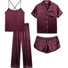 image:imageSWOMOG Womens 4pcs Pajamas Sets Silk Satin Pjs Sexy Cami Shorts Set Button Down Long Short Sleeve Sleepwear LoungewearDeep Wine Red