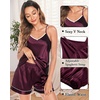 image:imageSWOMOG Womens 4pcs Pajamas Sets Silk Satin Pjs Sexy Cami Shorts Set Button Down Long Short Sleeve Sleepwear LoungewearDeep Wine Red