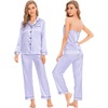 image:imageSWOMOG Womens 4pcs Pajamas Sets Silk Satin Pjs Sexy Cami Shorts Set Button Down Long Short Sleeve Sleepwear LoungewearLavender
