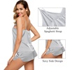 image:imageSWOMOG Womens 4pcs Pajamas Sets Silk Satin Pjs Sexy Cami Shorts Set Button Down Long Short Sleeve Sleepwear LoungewearLight Grey