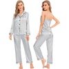 image:imageSWOMOG Womens 4pcs Pajamas Sets Silk Satin Pjs Sexy Cami Shorts Set Button Down Long Short Sleeve Sleepwear LoungewearLight Grey