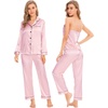 image:imageSWOMOG Womens 4pcs Pajamas Sets Silk Satin Pjs Sexy Cami Shorts Set Button Down Long Short Sleeve Sleepwear LoungewearLight Pink