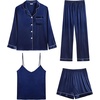 image:imageSWOMOG Womens 4pcs Pajamas Sets Silk Satin Pjs Sexy Cami Shorts Set Button Down Long Short Sleeve Sleepwear LoungewearNavy Blue