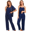 image:imageSWOMOG Womens 4pcs Pajamas Sets Silk Satin Pjs Sexy Cami Shorts Set Button Down Long Short Sleeve Sleepwear LoungewearNavy Blue