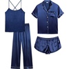 image:imageSWOMOG Womens 4pcs Pajamas Sets Silk Satin Pjs Sexy Cami Shorts Set Button Down Long Short Sleeve Sleepwear LoungewearNavy Blue