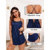 image:imageSWOMOG Womens 4pcs Pajamas Sets Silk Satin Pjs Sexy Cami Shorts Set Button Down Long Short Sleeve Sleepwear LoungewearNavy Blue