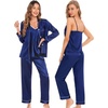 image:imageSWOMOG Womens 4pcs Pajamas Sets Silk Satin Pjs Sexy Cami Shorts Set Button Down Long Short Sleeve Sleepwear LoungewearNavy Blue